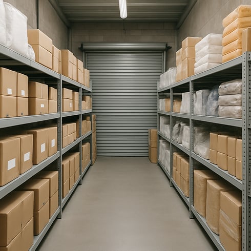 busines sstock in a small warehouse unit packed neatly on shelves Some of the packaged supplies must have labels on them There must be a clear pathway to walk through the warehouse so it must be neat and quite open