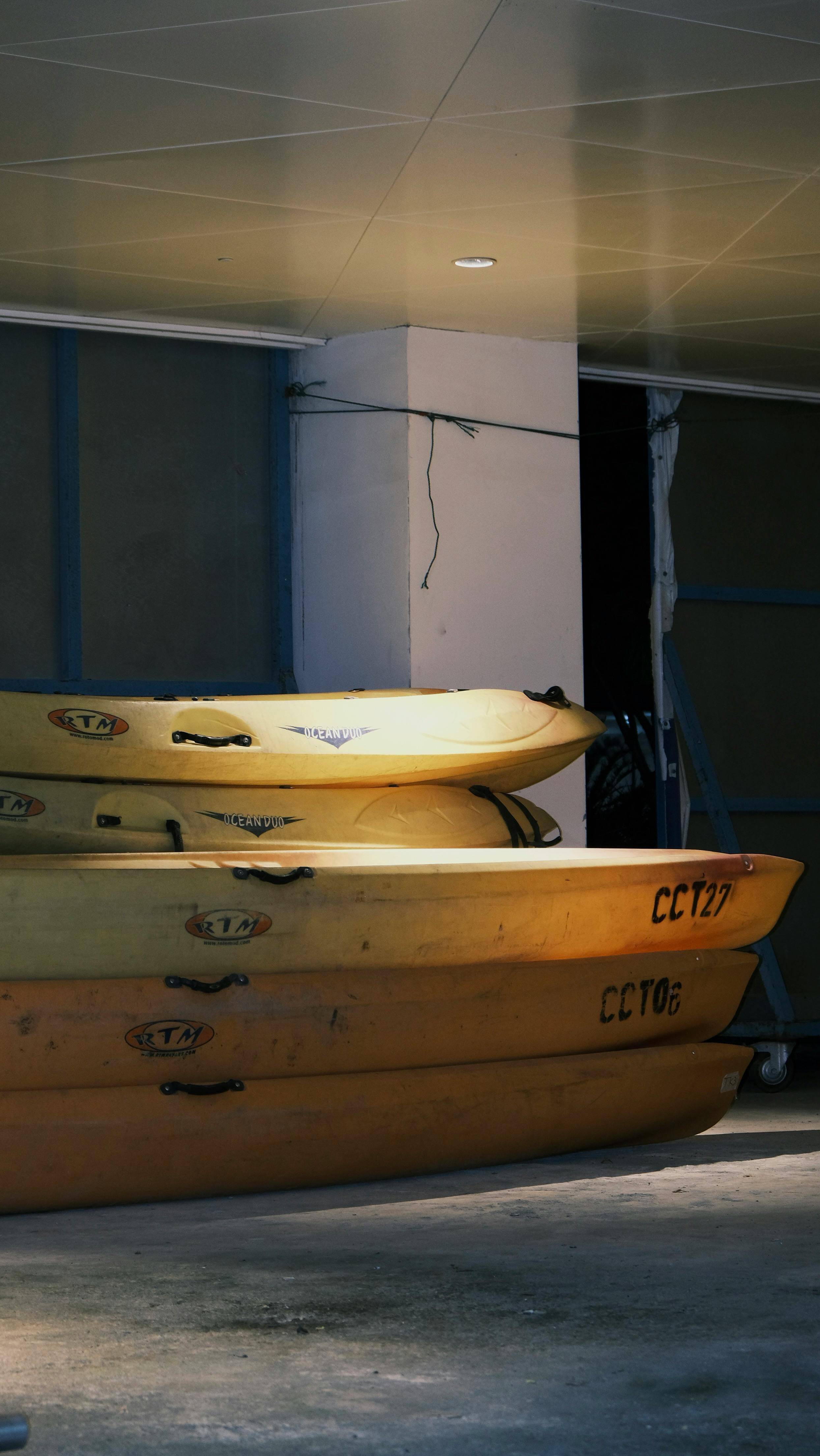 Stored canoe boats packed away